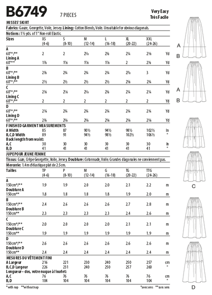 Butterick B6749 sewing pattern envelope showing misses' lined skirt designs