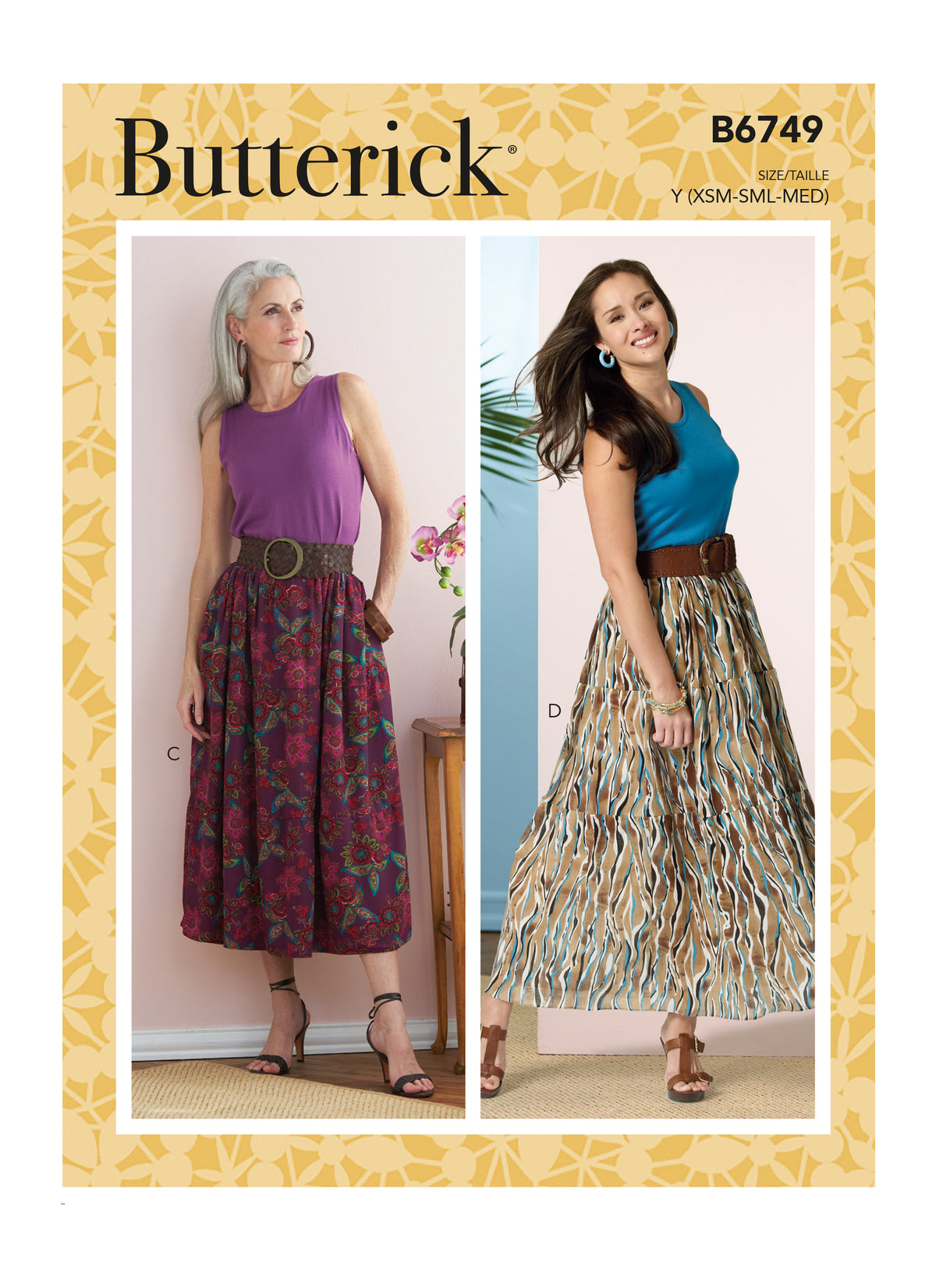Butterick B6749 sewing pattern envelope showing misses' lined skirt designs