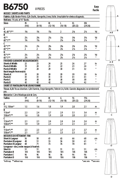 Butterick B6750 sewing pattern envelope showing misses' shorts and trousers designs