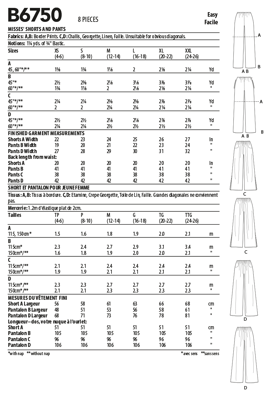 Butterick B6750 sewing pattern envelope showing misses' shorts and trousers designs