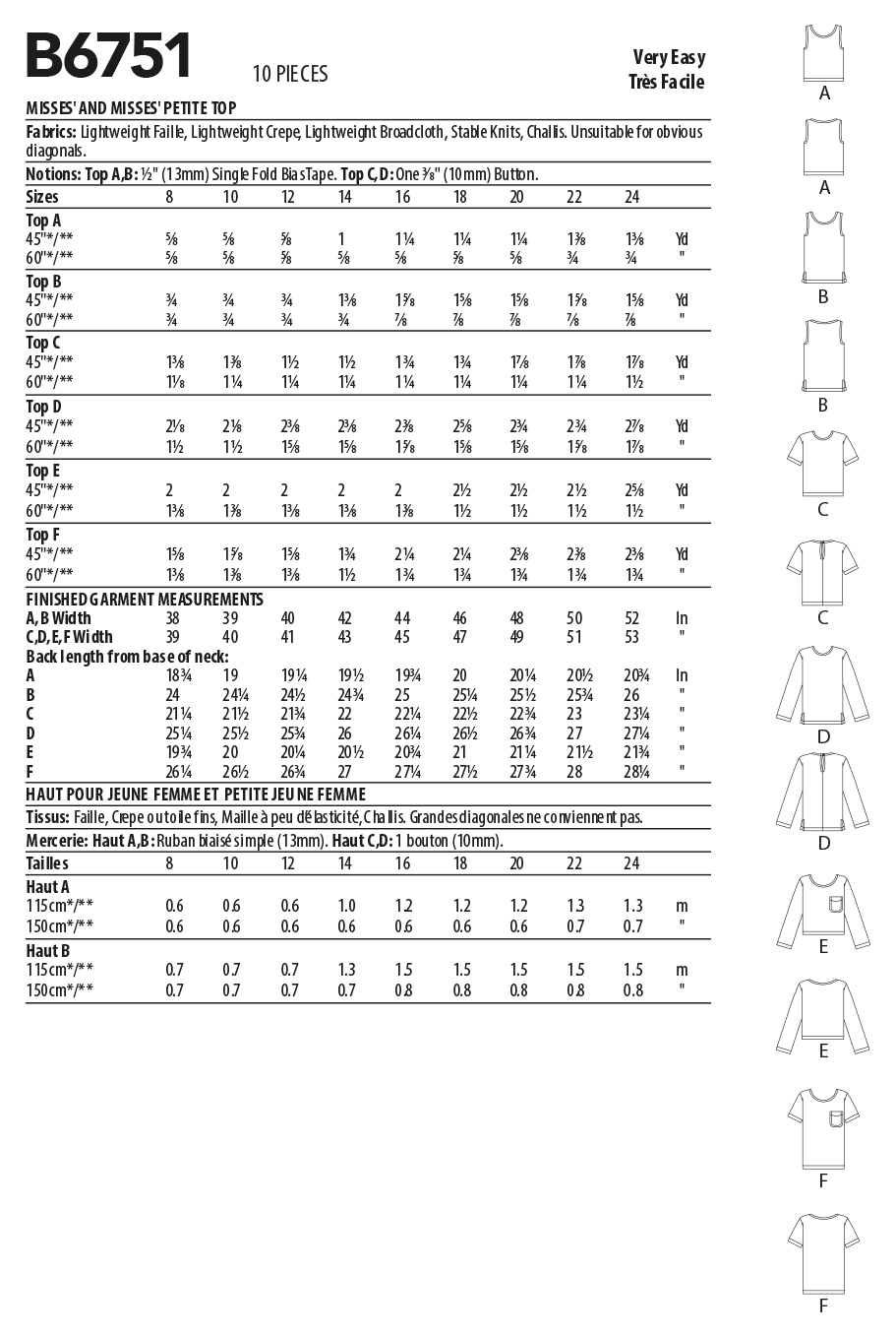 Butterick B6751 sewing pattern envelope showing misses' pullover top designs