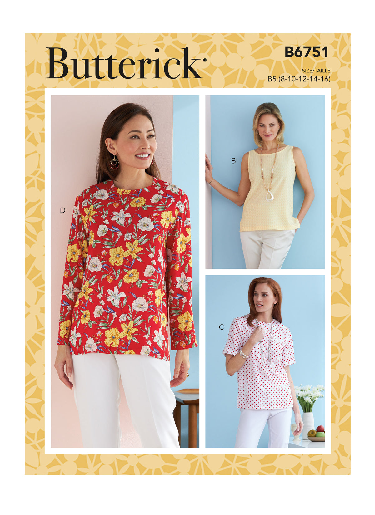 Butterick B6751 sewing pattern envelope showing misses' pullover top designs