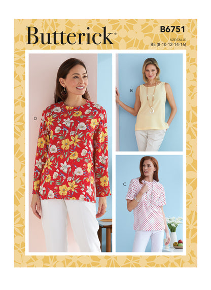 Butterick B6751 sewing pattern envelope showing misses' pullover top designs