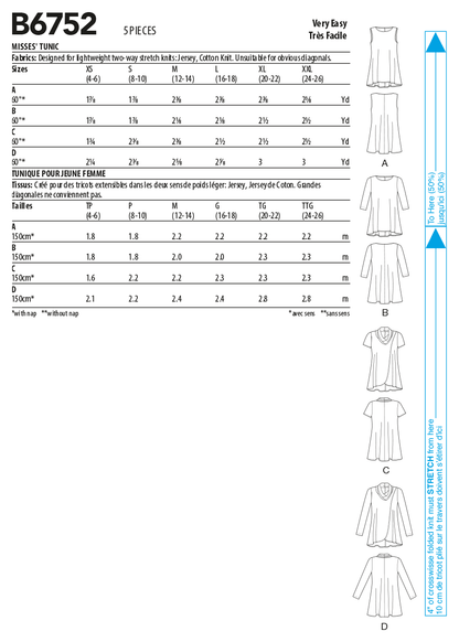 Butterick B6752 sewing pattern envelope showing misses' flared tunic designs