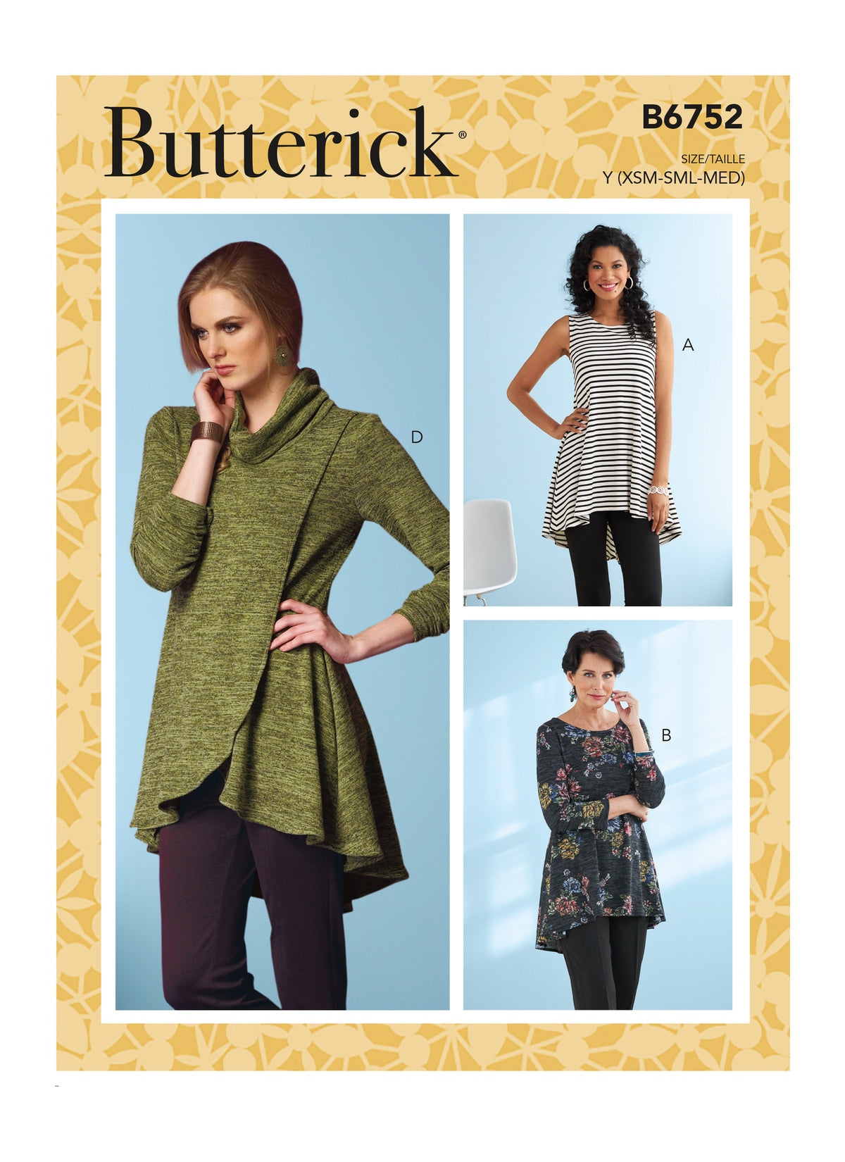 Butterick B6752 sewing pattern envelope showing misses' flared tunic designs