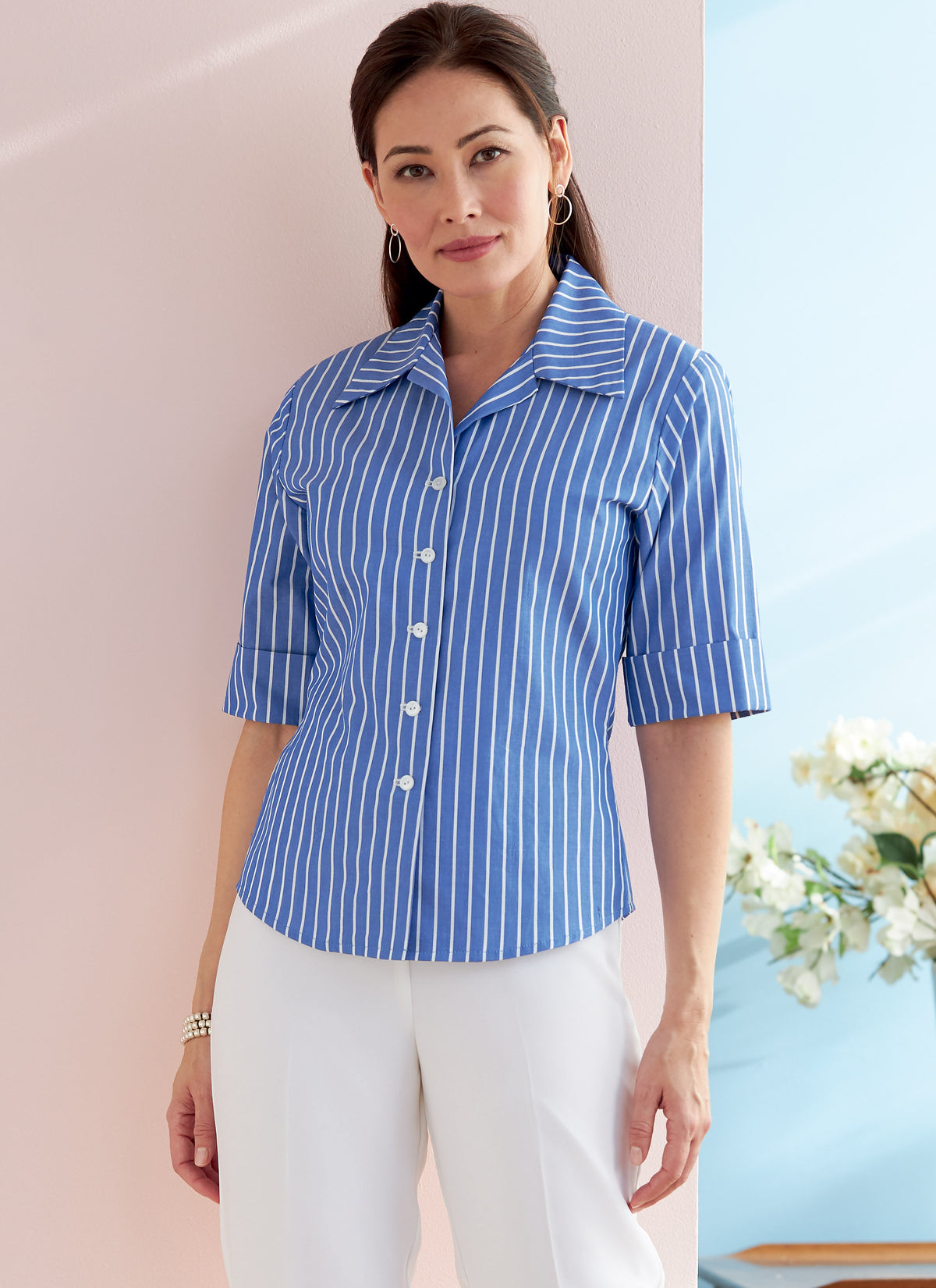 Butterick B6753 sewing pattern envelope showing misses' semi-fitted shirt designs