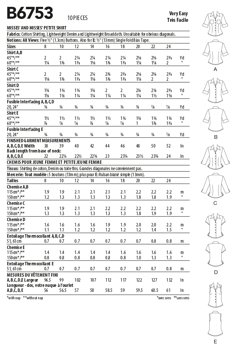 Butterick B6753 sewing pattern envelope showing misses' semi-fitted shirt designs