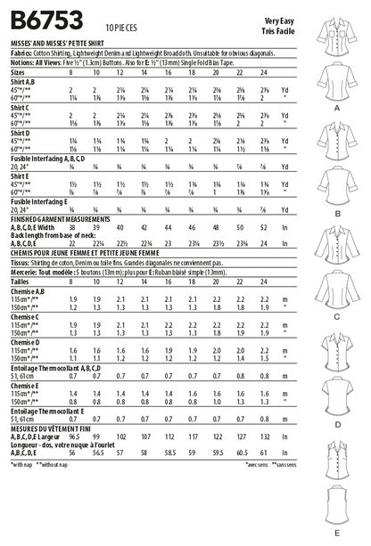 Butterick B6753 sewing pattern envelope showing misses' semi-fitted shirt designs