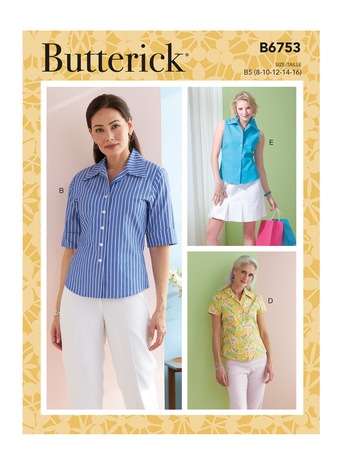 Butterick B6753 sewing pattern envelope showing misses' semi-fitted shirt designs