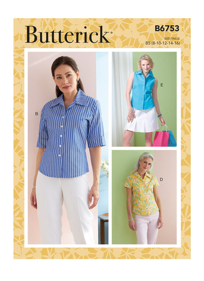 Butterick B6753 sewing pattern envelope showing misses' semi-fitted shirt designs