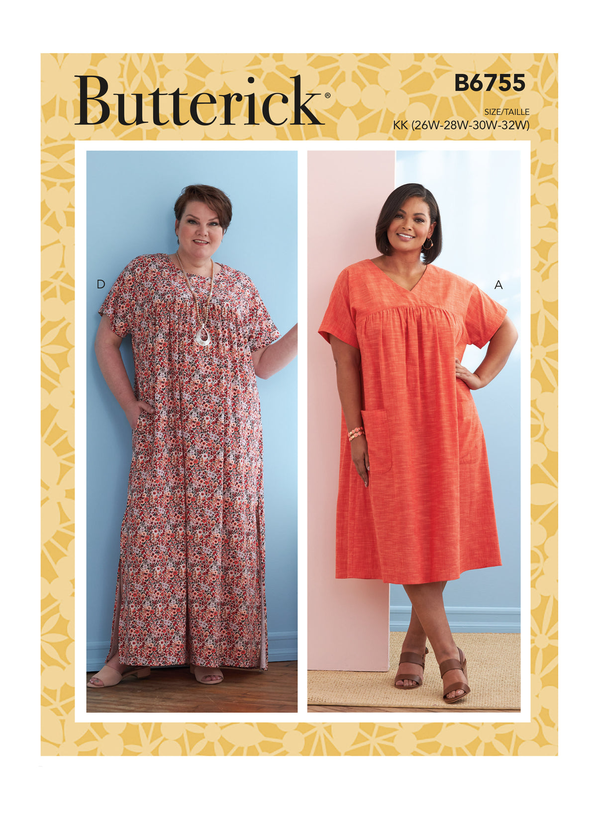 Butterick B6755 sewing pattern envelope showing women's pullover dress designs