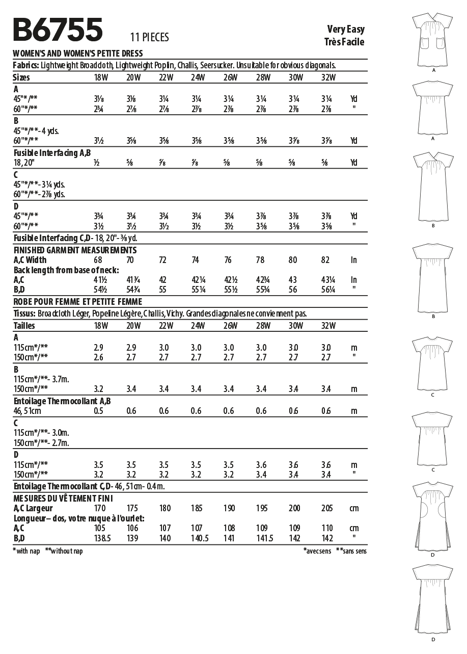 Butterick B6755 sewing pattern envelope showing women's pullover dress designs