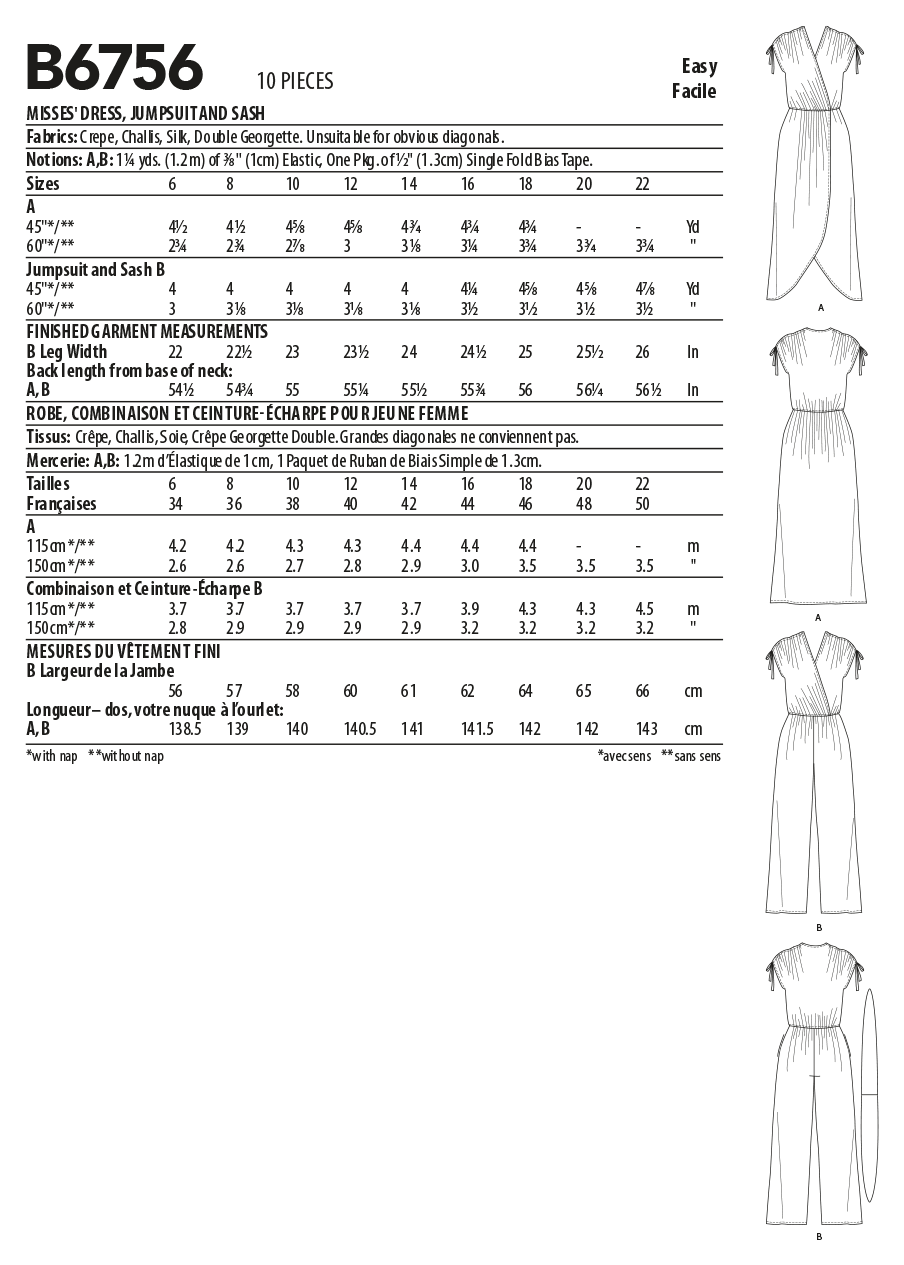 Butterick B6756 sewing pattern envelope showing misses' faux-wrap dress and jumpsuit designs