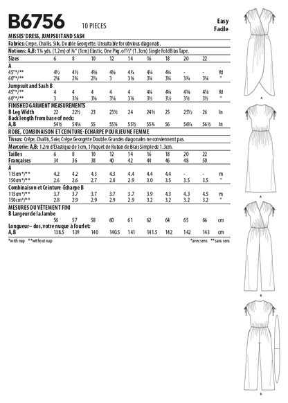 Butterick B6756 sewing pattern envelope showing misses' faux-wrap dress and jumpsuit designs