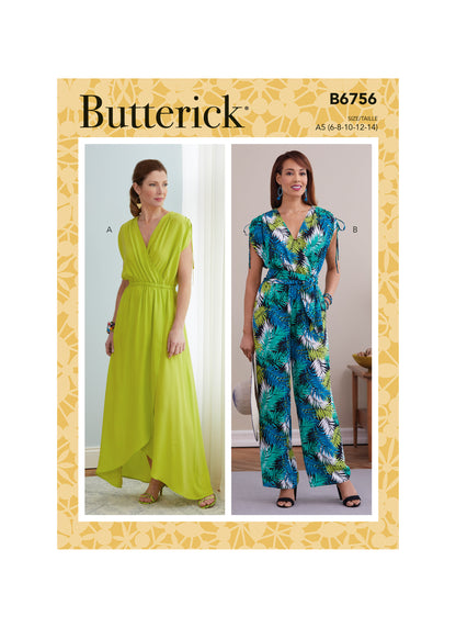 Butterick B6756 sewing pattern envelope showing misses' faux-wrap dress and jumpsuit designs