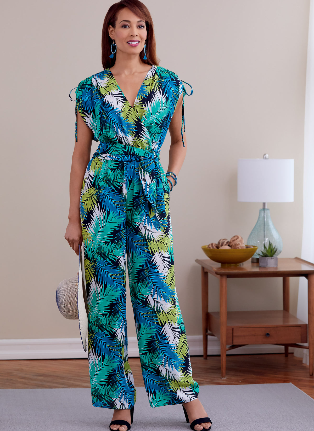 Butterick B6756 sewing pattern envelope showing misses' faux-wrap dress and jumpsuit designs