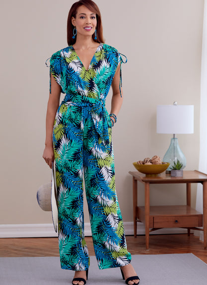 Butterick B6756 sewing pattern envelope showing misses' faux-wrap dress and jumpsuit designs