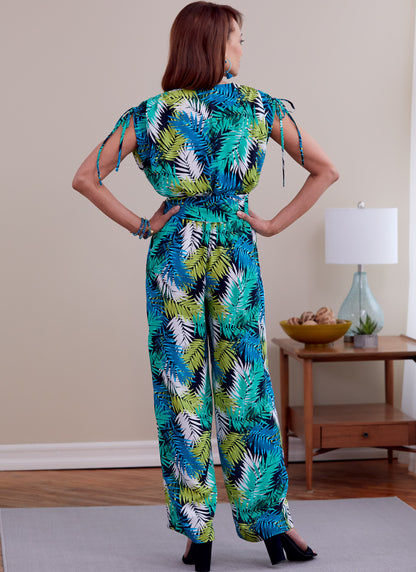 Butterick B6756 sewing pattern envelope showing misses' faux-wrap dress and jumpsuit designs