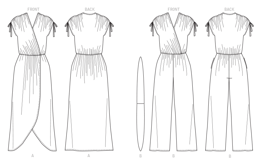Butterick B6756 sewing pattern envelope showing misses' faux-wrap dress and jumpsuit designs
