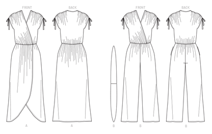 Butterick B6756 sewing pattern envelope showing misses' faux-wrap dress and jumpsuit designs