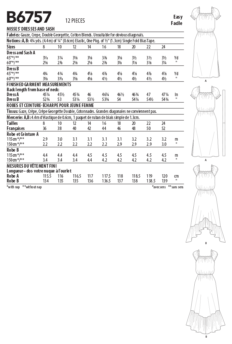 Butterick B6757 sewing pattern envelope showing misses' peasant dress designs