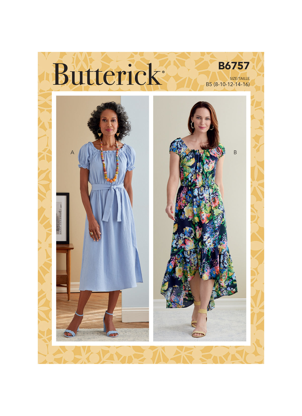Butterick B6757 sewing pattern envelope showing misses' peasant dress designs