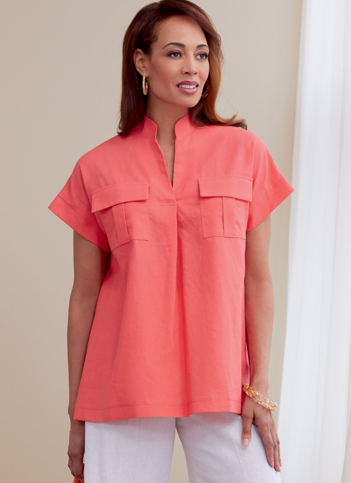Butterick B6768 sewing pattern envelope showing misses' pull-on top designs