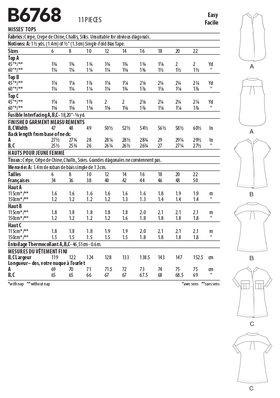 Butterick B6768 sewing pattern envelope showing misses' pull-on top designs