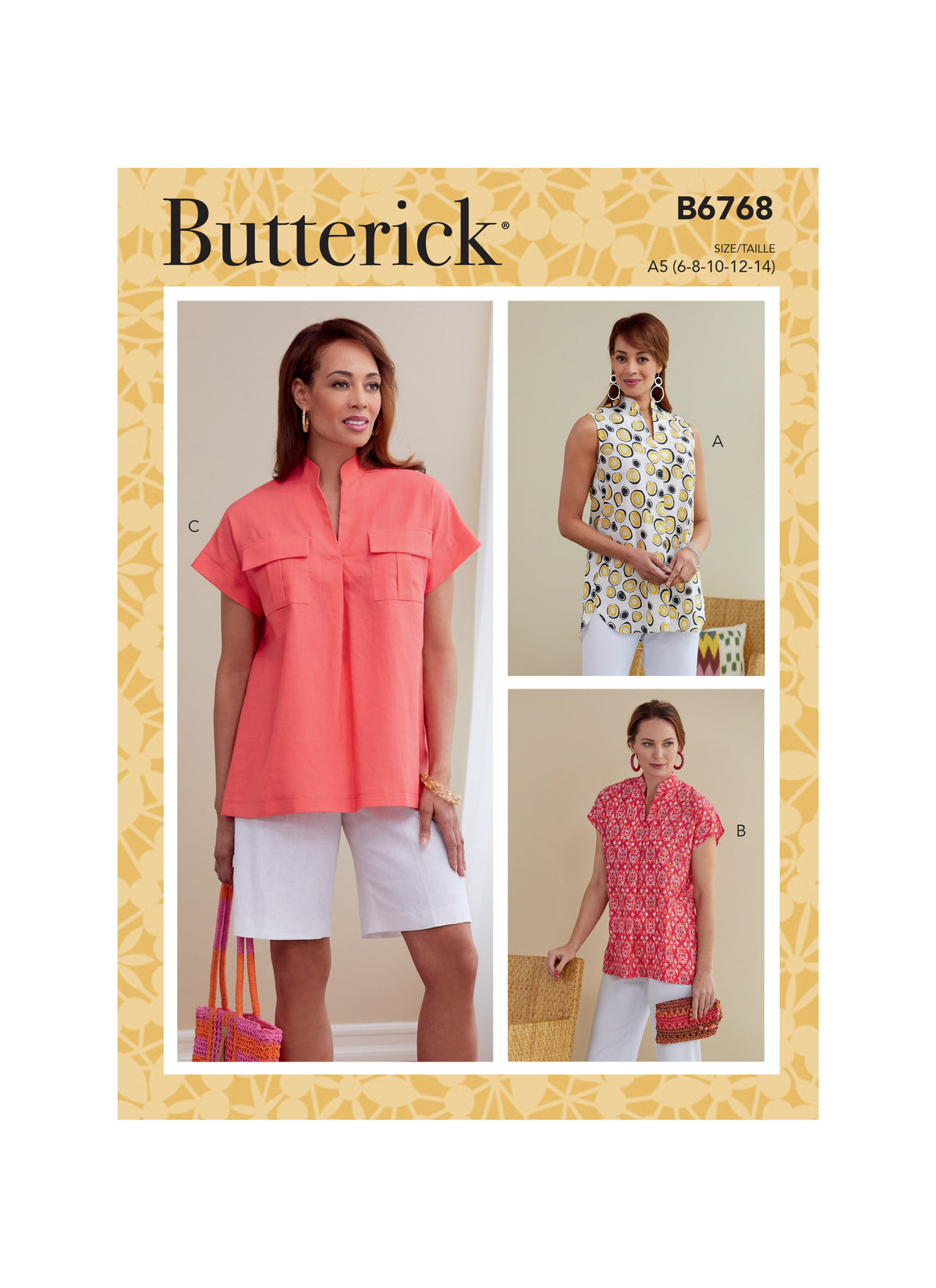 Butterick B6768 sewing pattern envelope showing misses' pull-on top designs