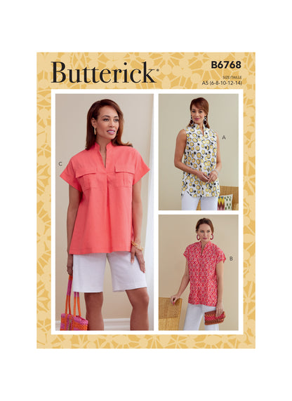 Butterick B6768 sewing pattern envelope showing misses' pull-on top designs