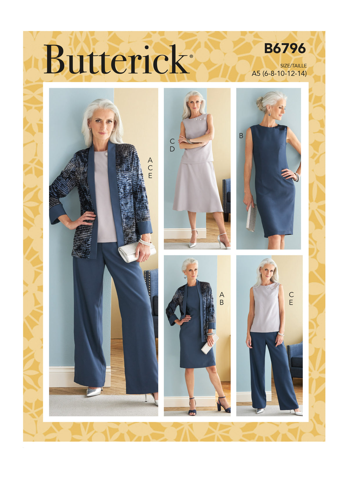 Butterick B6796 sewing pattern envelope showing misses' jacket, dress, skirt and trousers designs