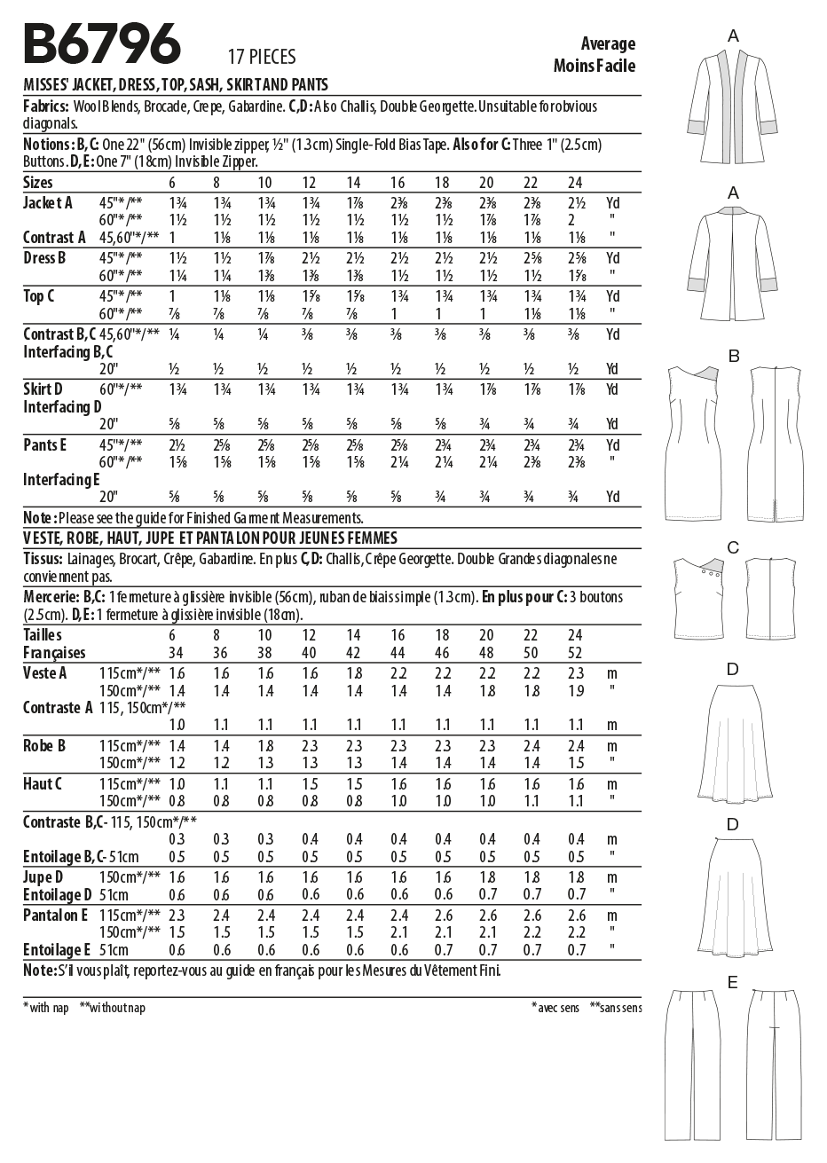 Butterick B6796 sewing pattern envelope showing misses' jacket, dress, skirt and trousers designs