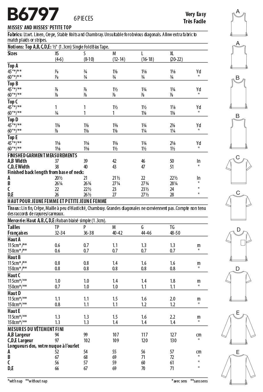 Butterick B6797 sewing pattern envelope showing misses' top or tunic designs