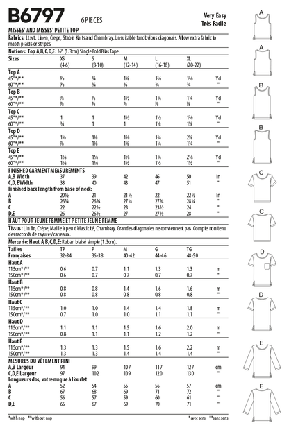 Butterick B6797 sewing pattern envelope showing misses' top or tunic designs