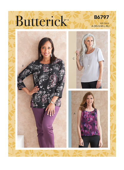 Butterick B6797 sewing pattern envelope showing misses' top or tunic designs