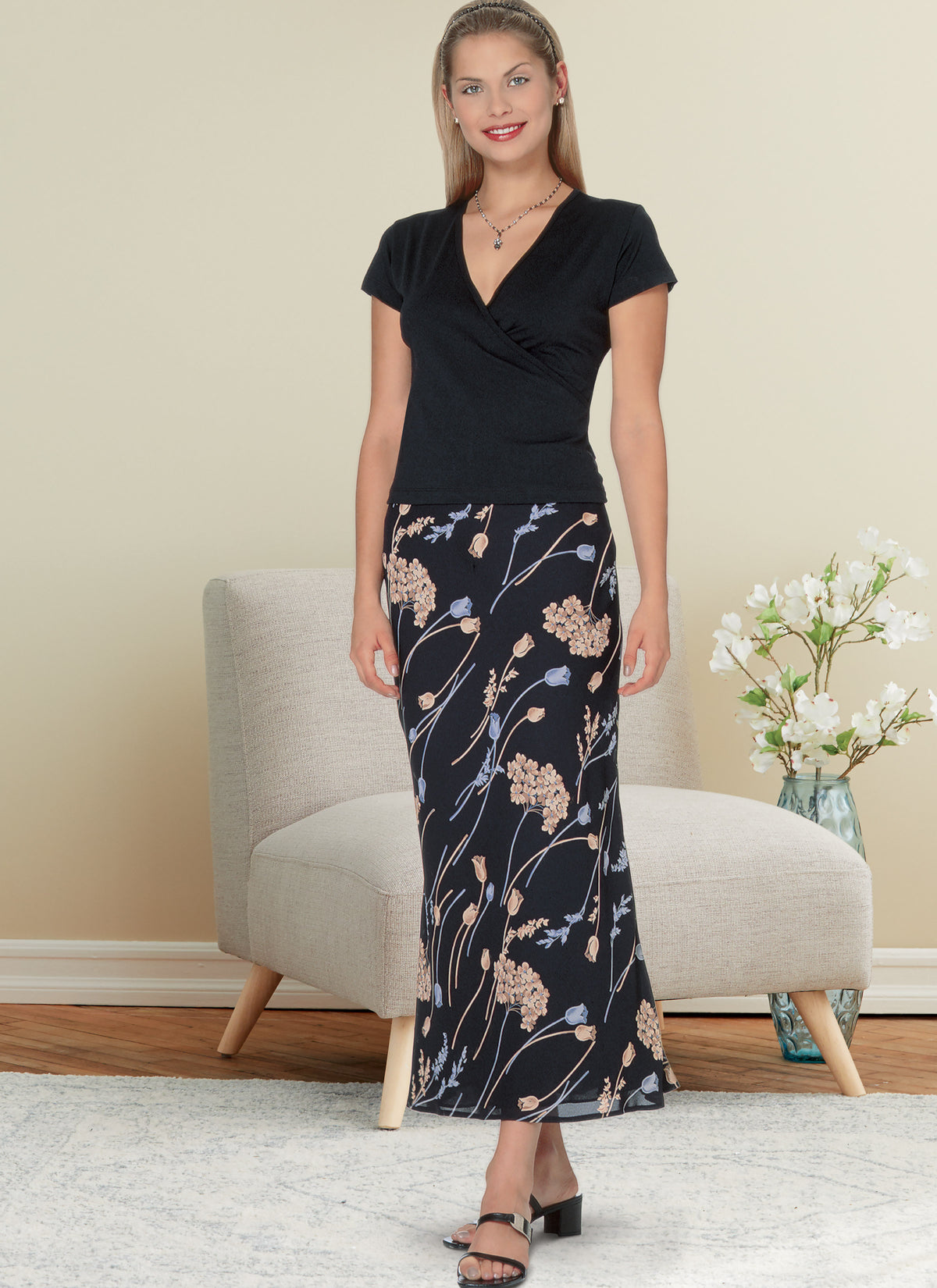 Butterick B6799 sewing pattern envelope showing misses' bias a-line skirt designs