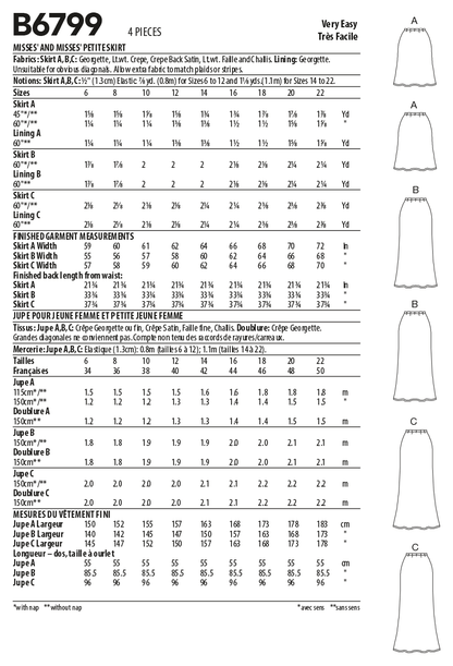 Butterick B6799 sewing pattern envelope showing misses' bias a-line skirt designs