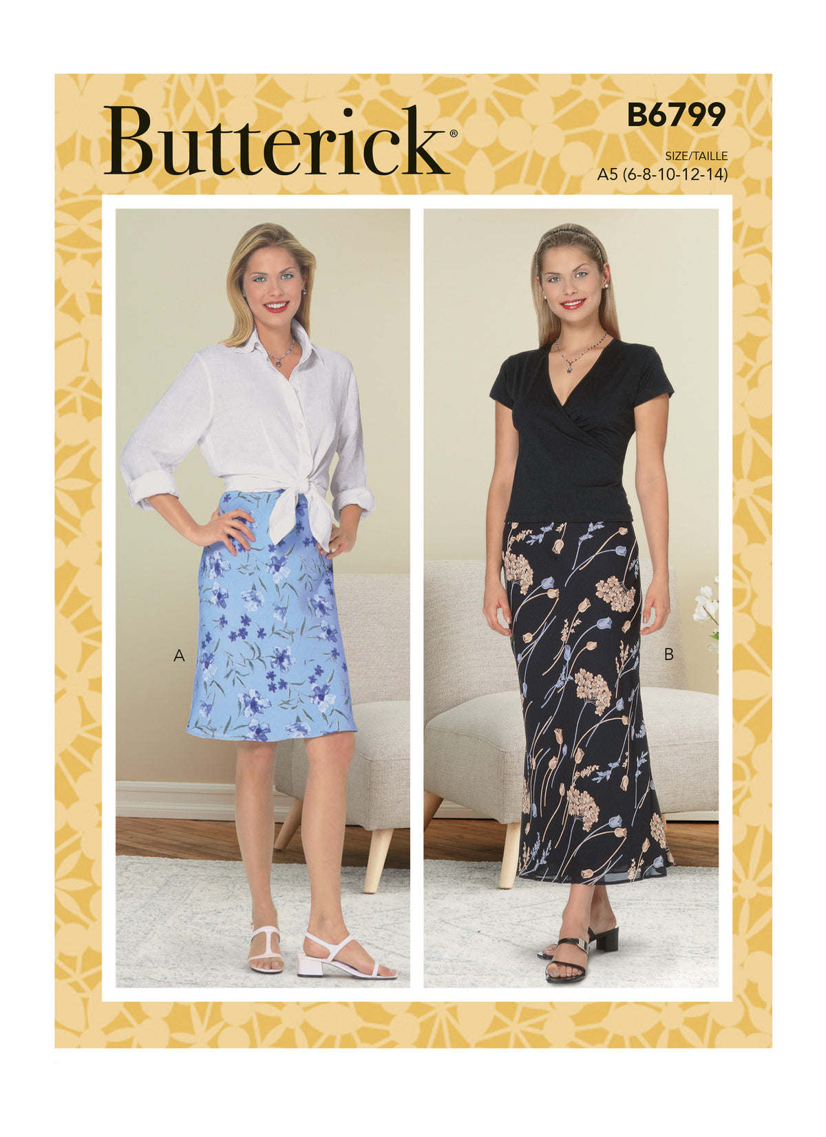 Butterick B6799 sewing pattern envelope showing misses' bias a-line skirt designs