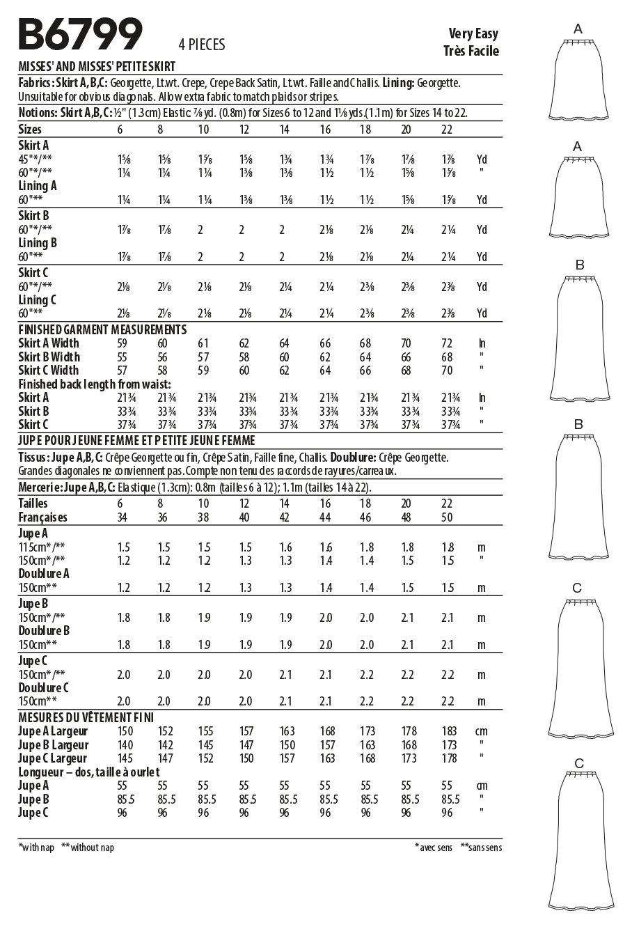Butterick B6799 sewing pattern envelope showing misses' bias a-line skirt designs