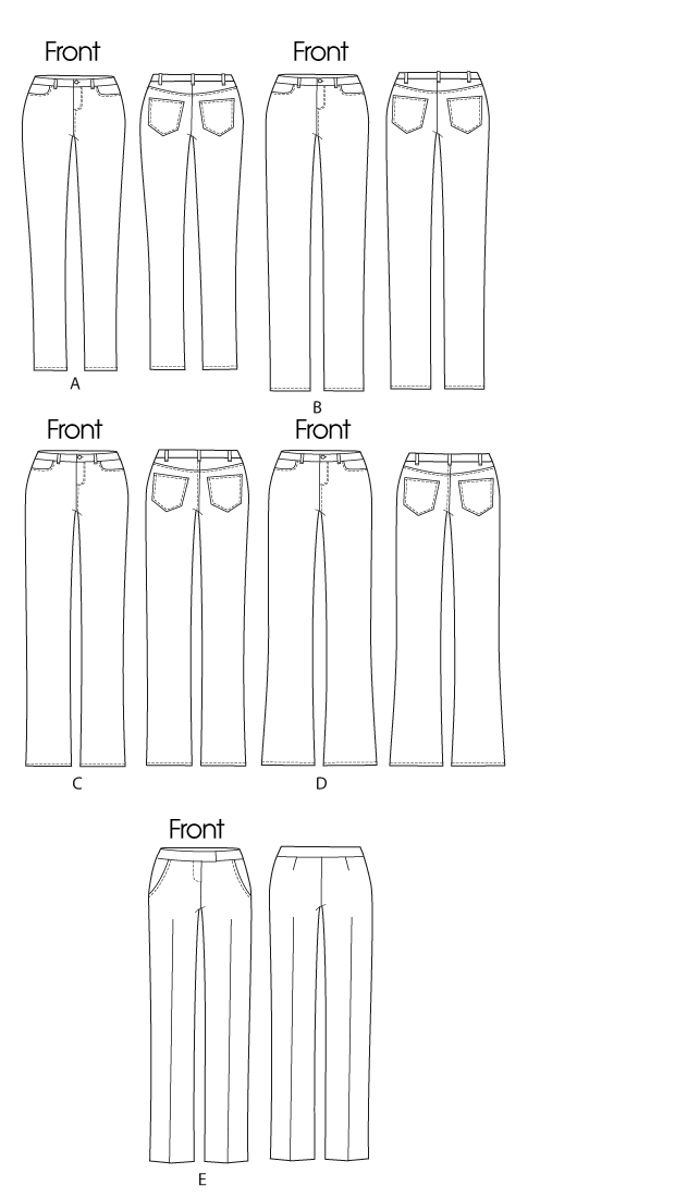 Butterick B6800 sewing pattern envelope showing women's fitted jeans & trousers designs