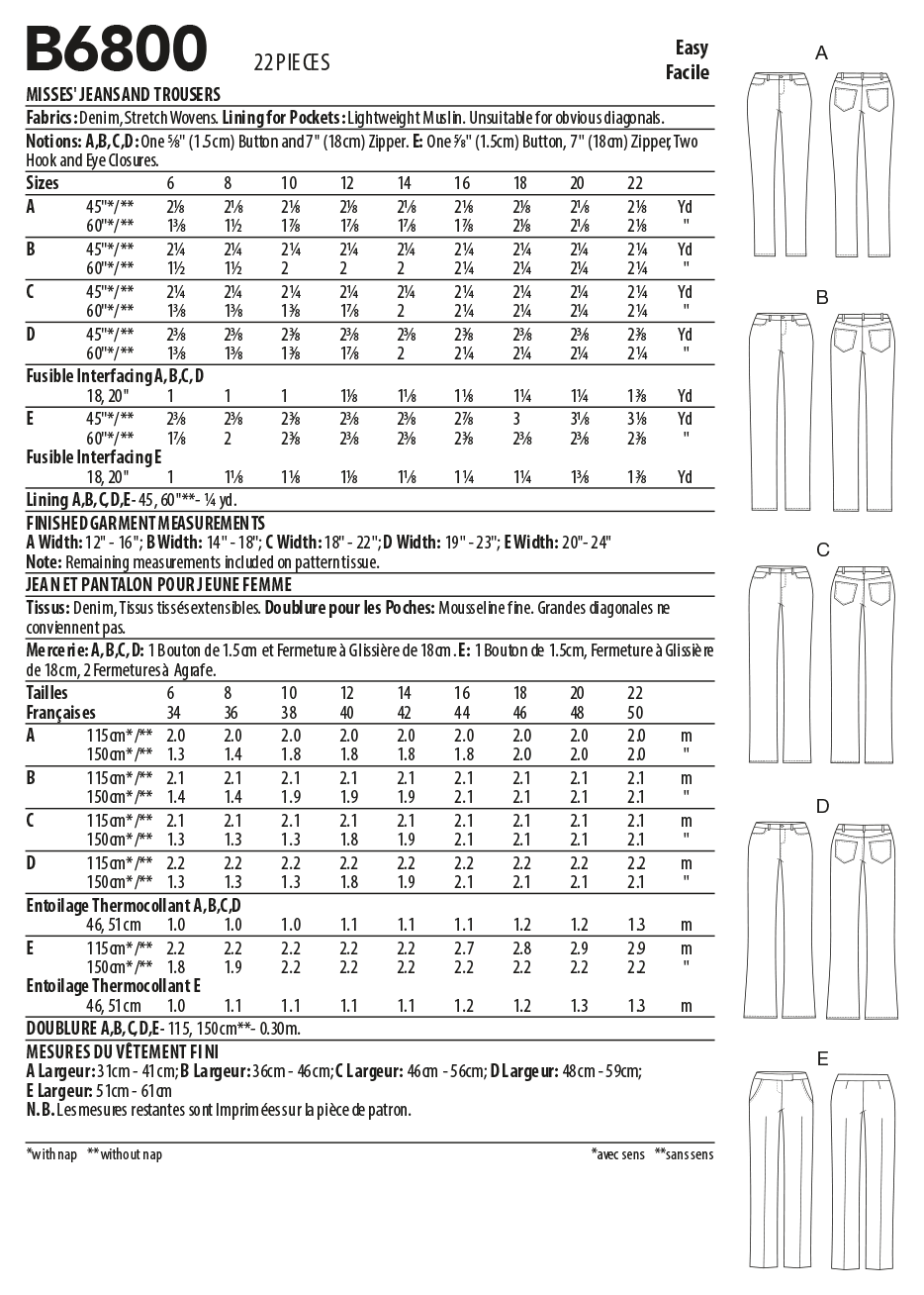 Butterick B6800 sewing pattern envelope showing women's fitted jeans & trousers designs