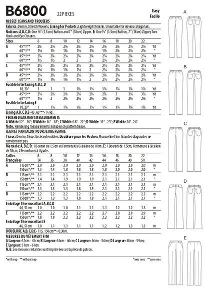 Butterick B6800 sewing pattern envelope showing women's fitted jeans & trousers designs