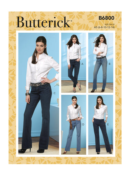 Butterick B6800 sewing pattern envelope showing women's fitted jeans & trousers designs