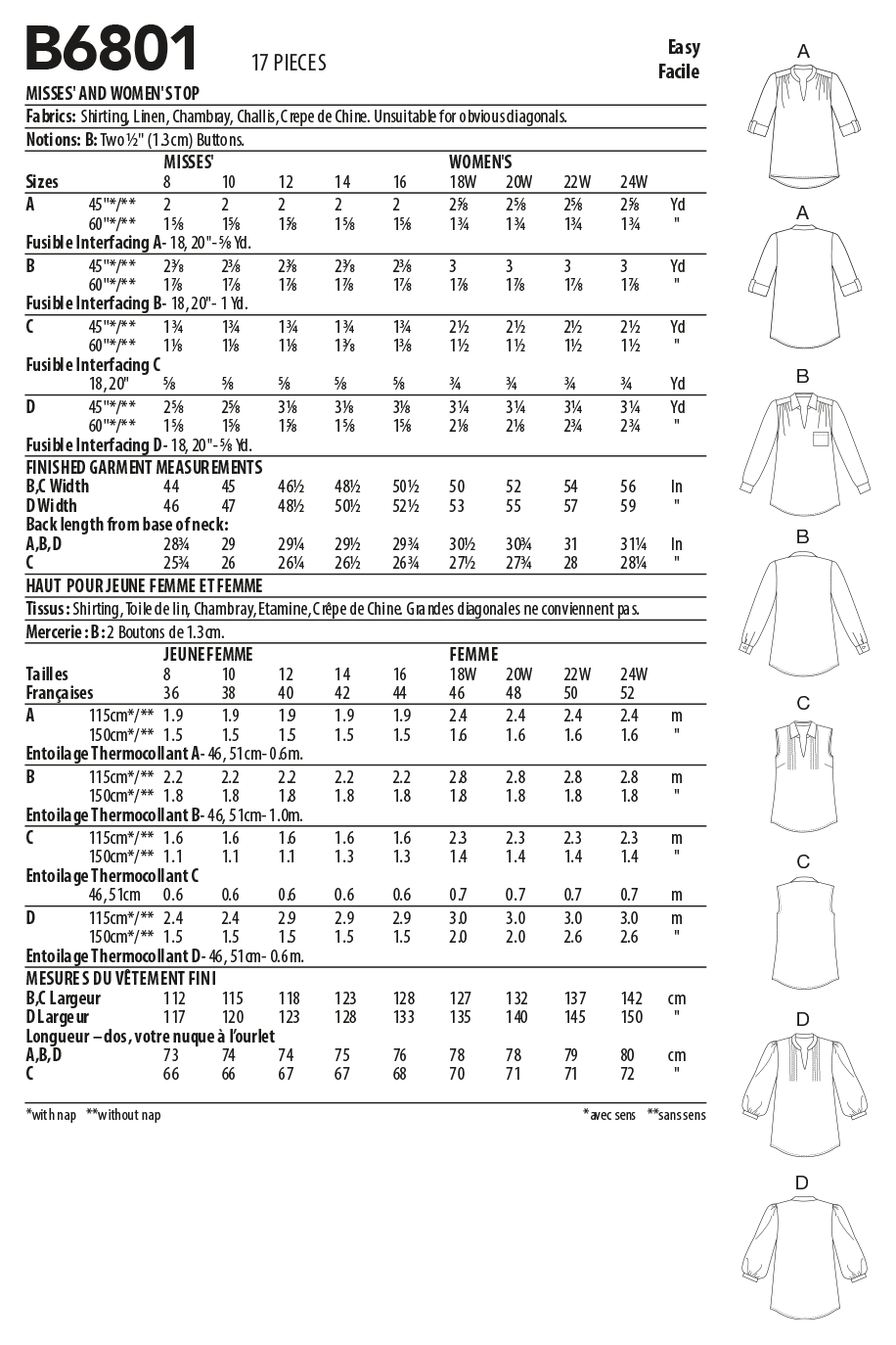 Butterick B6801 sewing pattern envelope showing women's loose pullover top designs