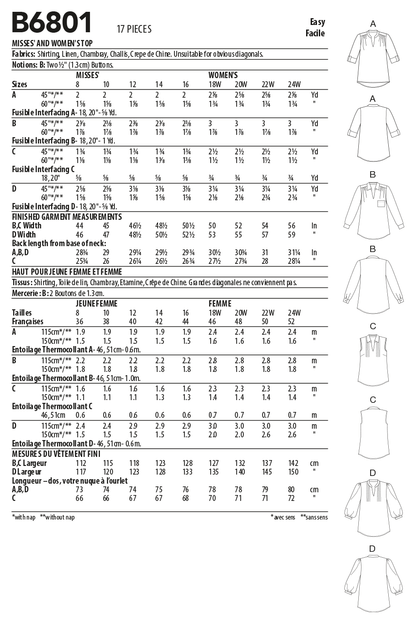 Butterick B6801 sewing pattern envelope showing women's plus size loose pullover top designs
