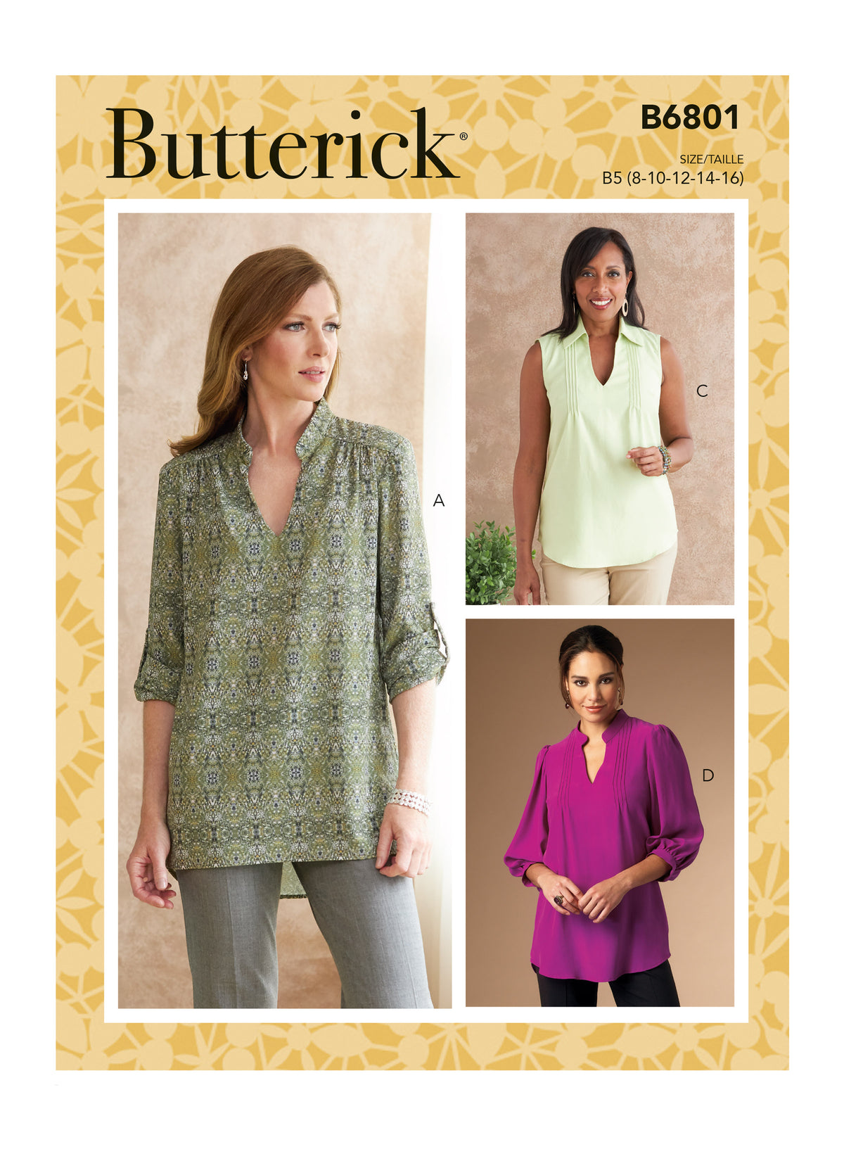 Butterick B6801 sewing pattern envelope showing women's plus size loose pullover top designs