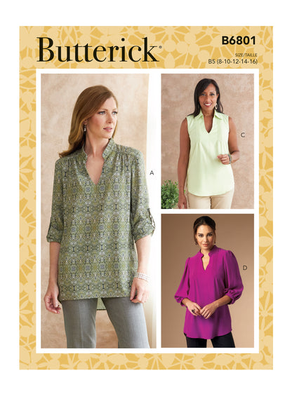 Butterick B6801 sewing pattern envelope showing women's plus size loose pullover top designs