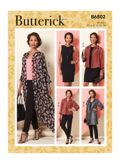 Butterick B6802 sewing pattern envelope showing women's loose fitting jacket designs