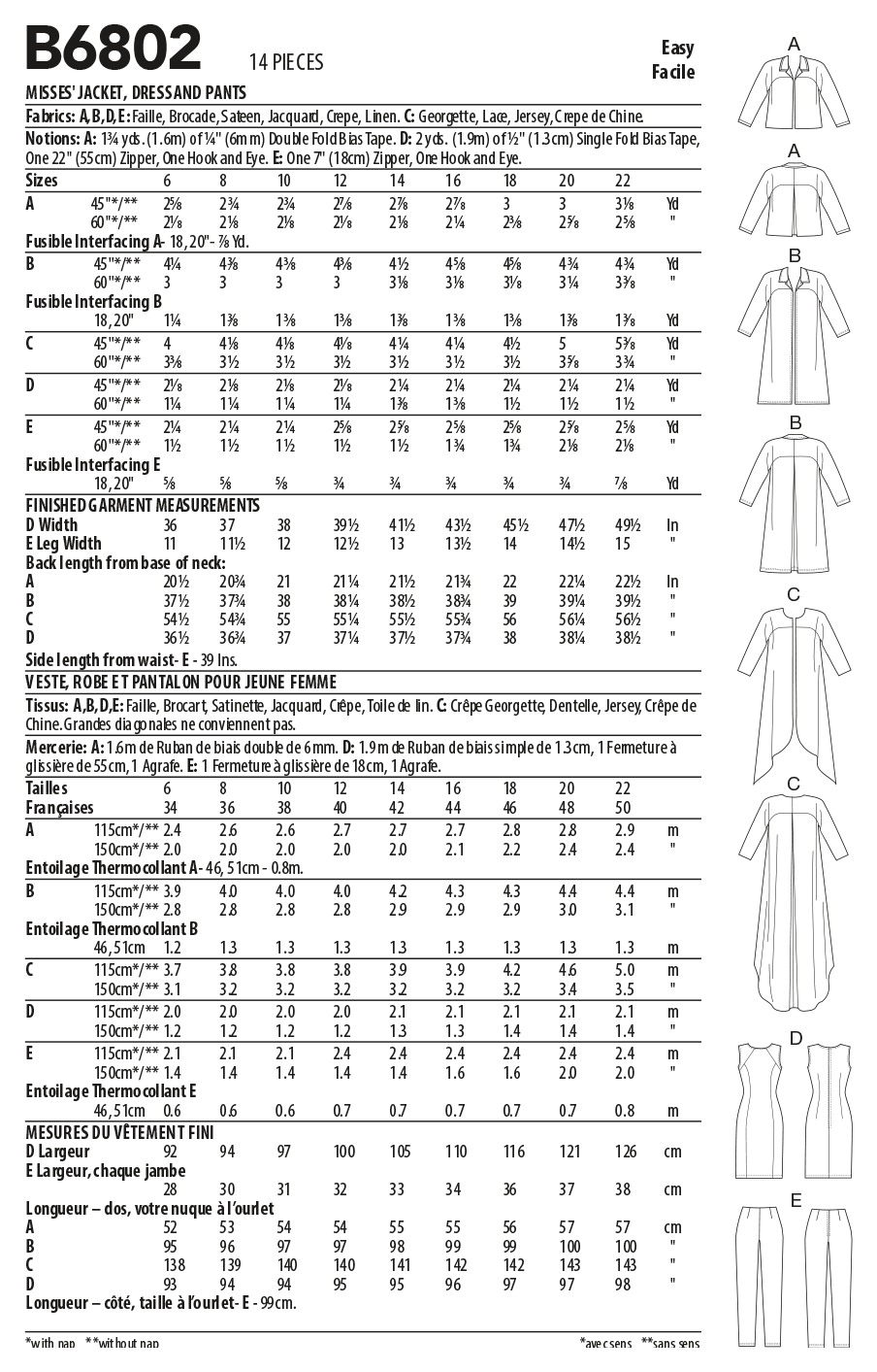 Butterick B6802 sewing pattern envelope showing women's loose fitting jacket designs