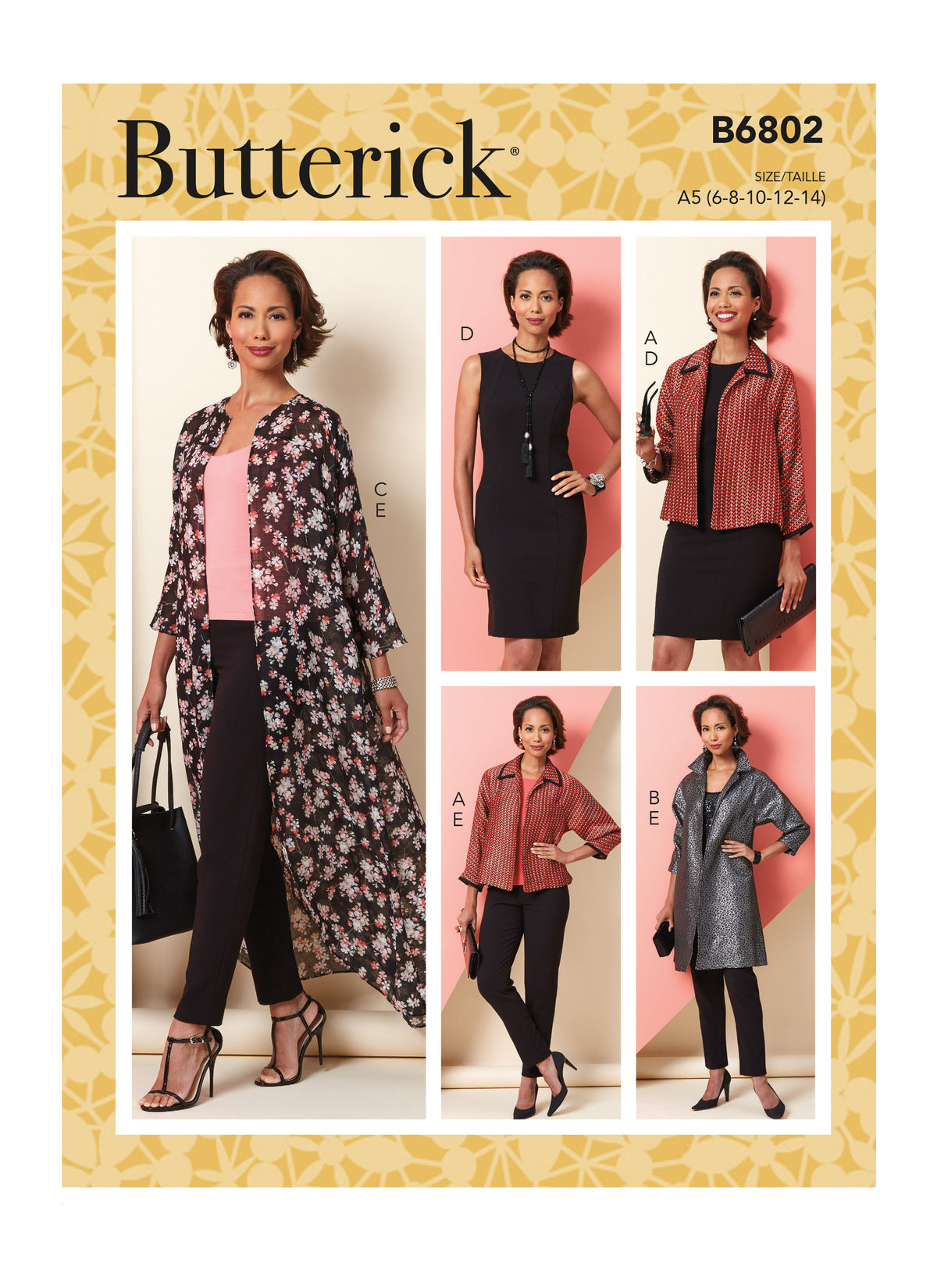 Butterick B6802 sewing pattern envelope showing women's loose fitting jacket designs